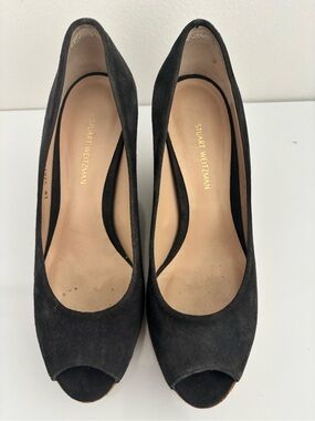 Stuart Weitzman Black Suede Peep-Toe Pumps